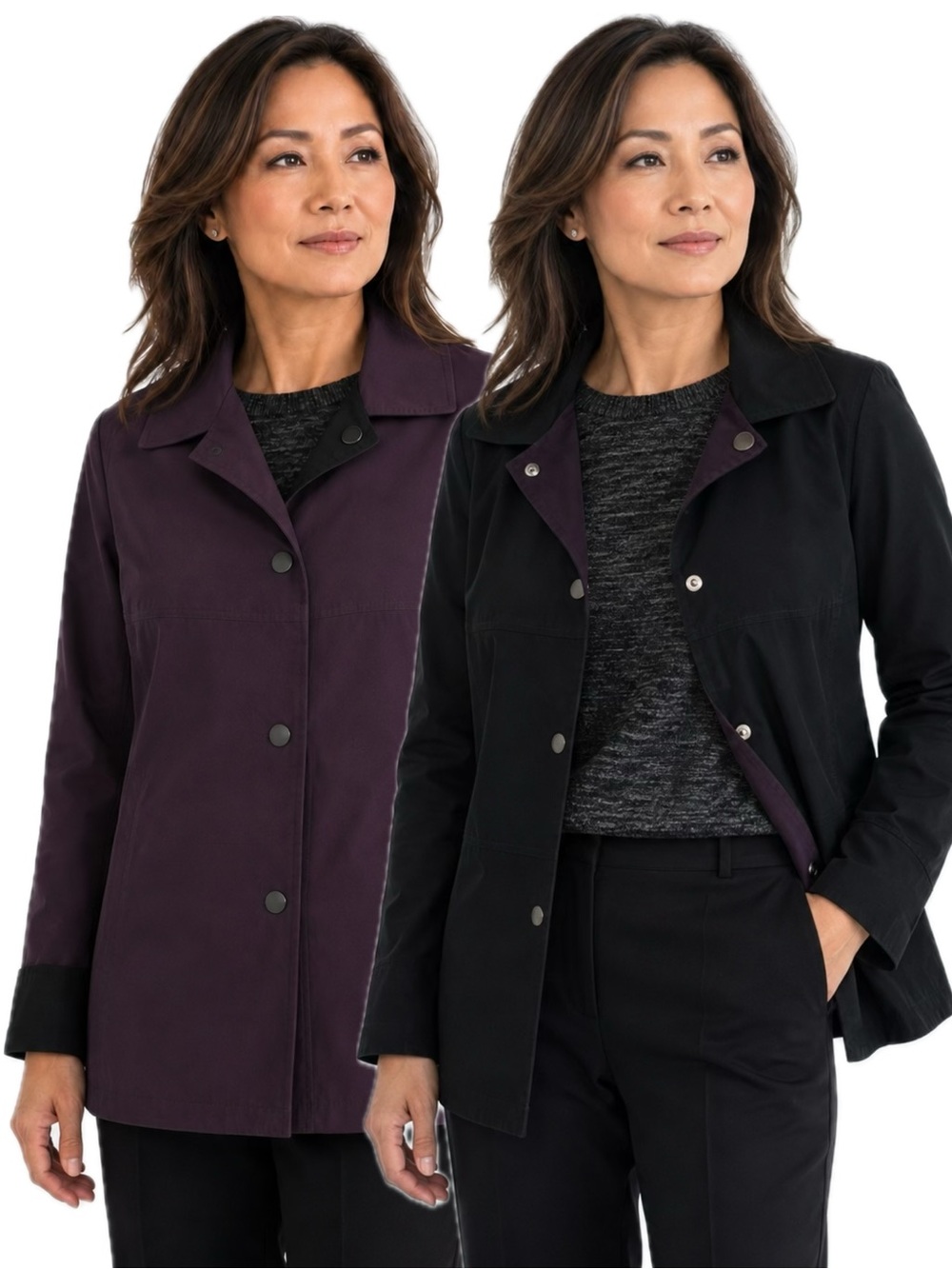 Gallery Reversible Snap Jacket Womens Petite Size Small Black & Purple Collared